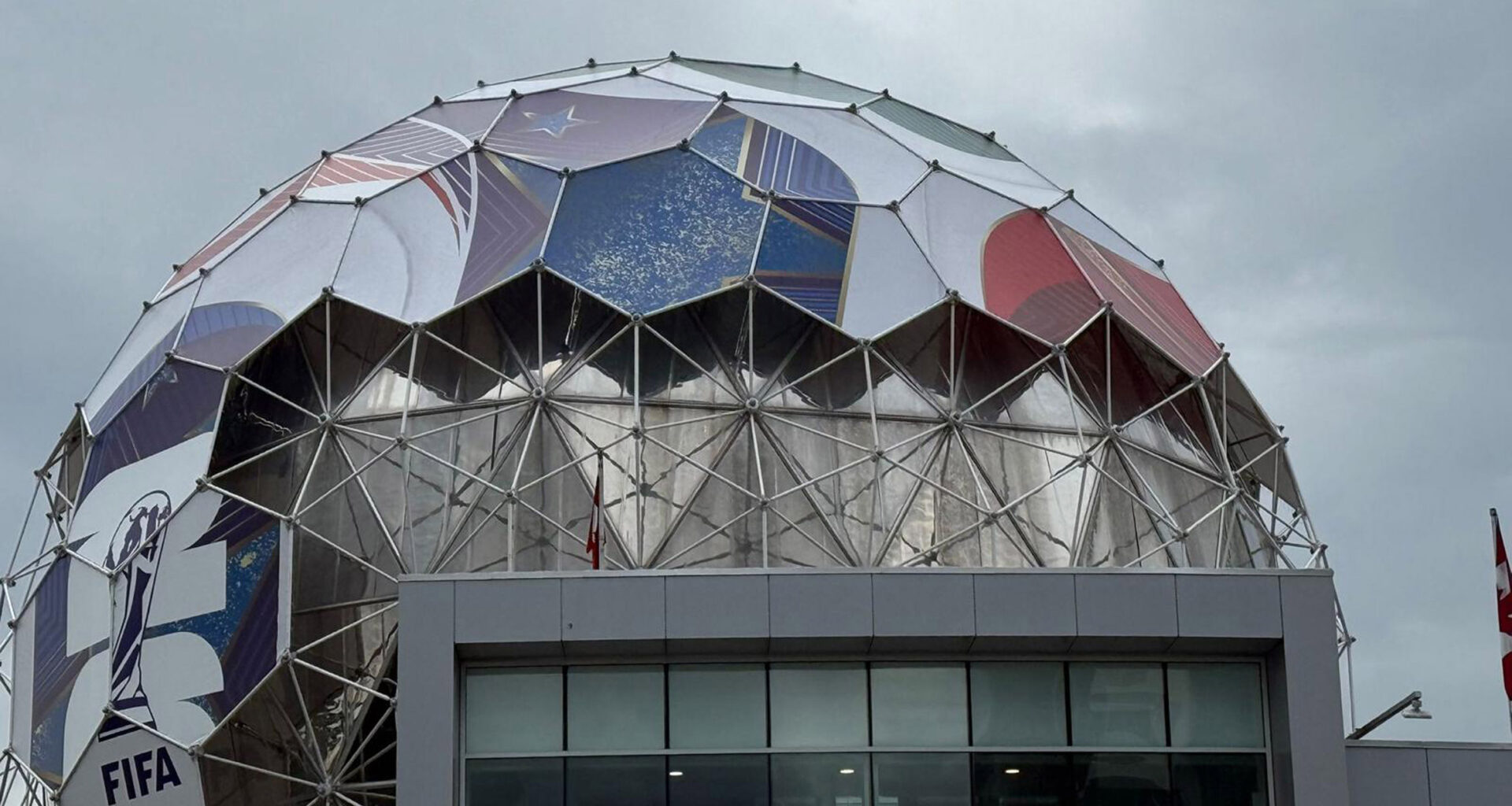 Geodesic dome in Vancouver being covered in panels for World Cup