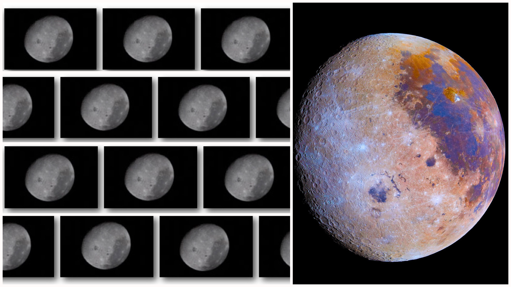 many images of the moon next to a larger, diversly colorful and detailed image of the moon