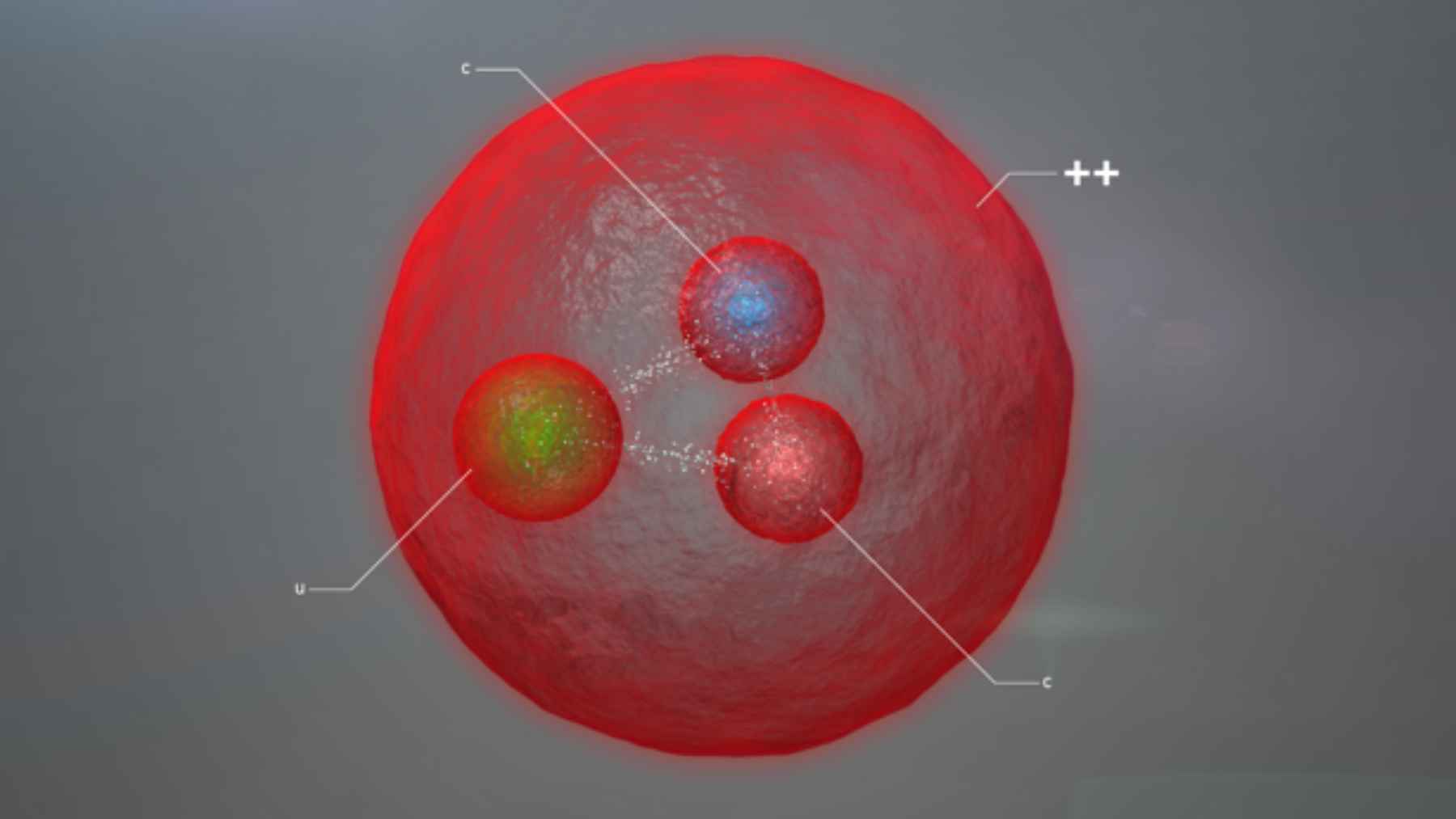 A scientific visualization showing the internal structure of a Xi-cc-plus baryon, featuring two heavy charm quarks and one light quark.