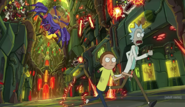 two sci-fi cartoon characters running from an alien bug