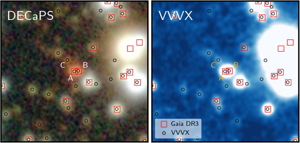 Two images side by side, with the one on the left having a brown filter and the one on the right having a blue filter. Both have red boxes surrounding small white dots.