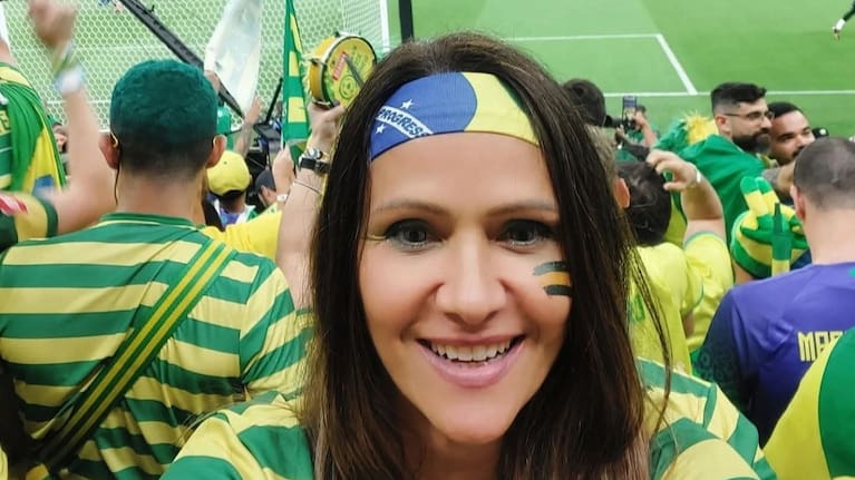 Ynara Correa da Costa poses for a selfie while attending the World Cup group G soccer match between Brazil and Serbia, at the Lusail Stadium in Lusail, Qatar, in 2022. (Source: Ynara Correa da Costa via AP)
