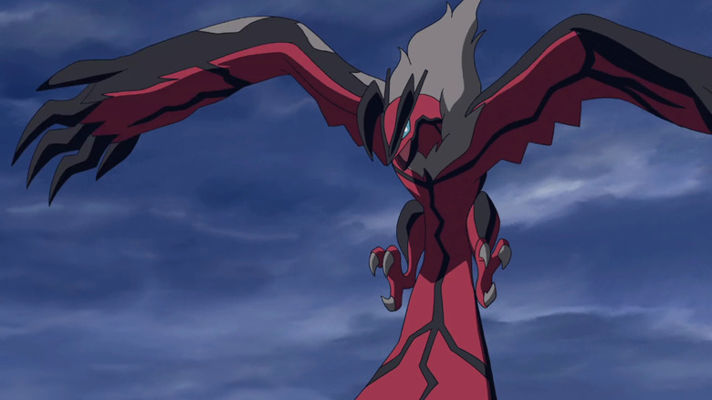 Yveltal flying in a cloudy sky in Pokemon the Movie: Diancie and the Cocoon of Destruction