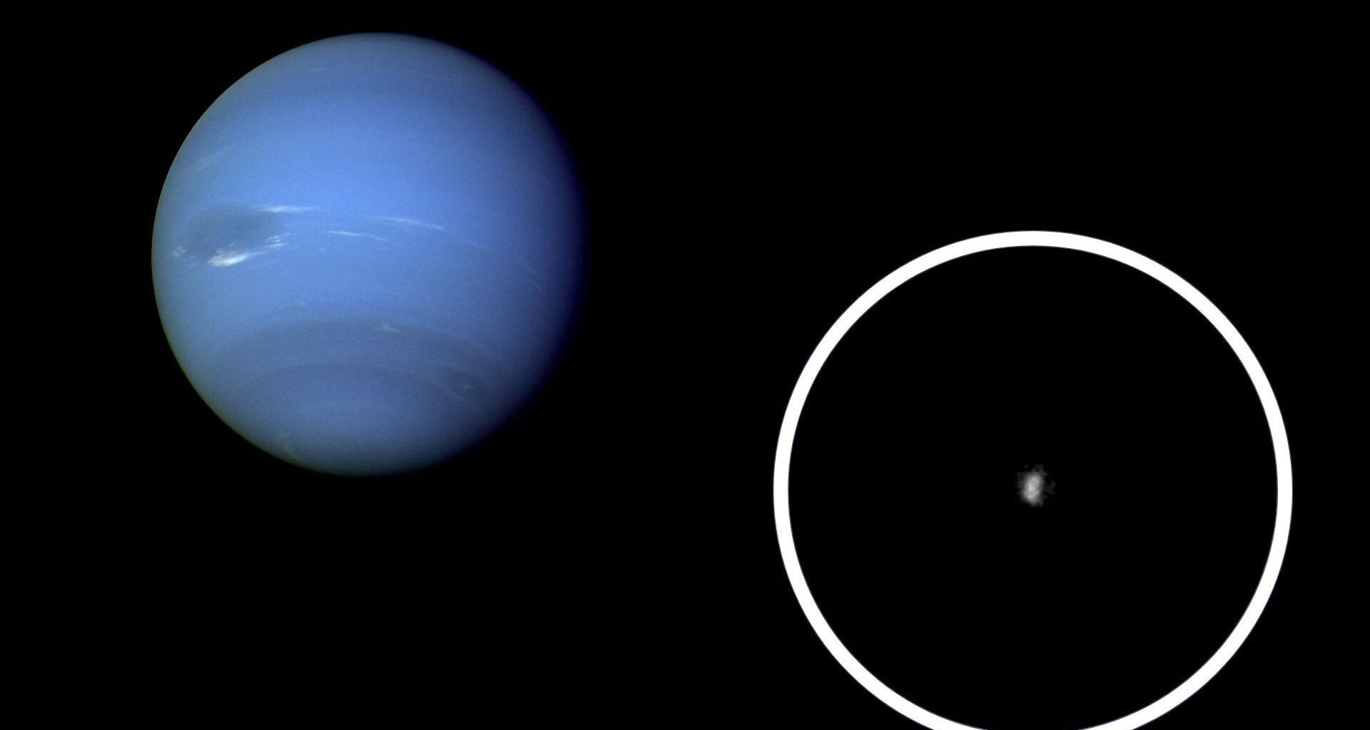 A composite image with a blue sphere planet in the background with a circular zoom in on a blurry white moon.