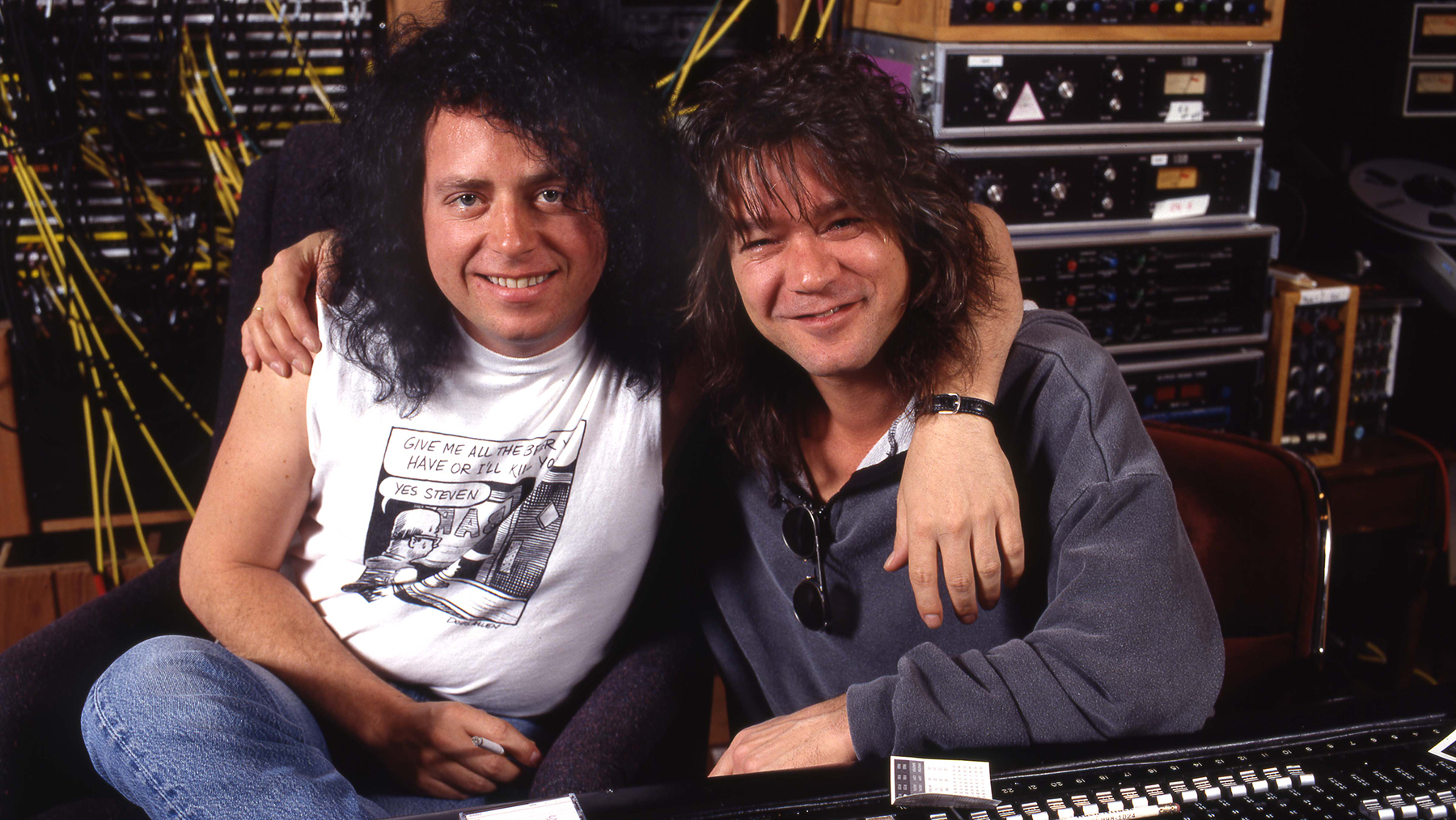 Photo of Eddie VAN HALEN and Steve LUKATHER and Eddie VAN HALEN; L-R. Steve Lukather, Eddie Van Halen