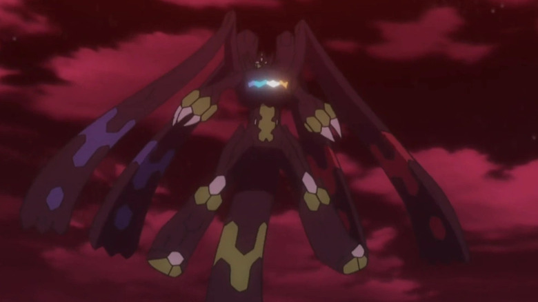 Zygarde's Complete Form in a red sky in the Pokemon anime