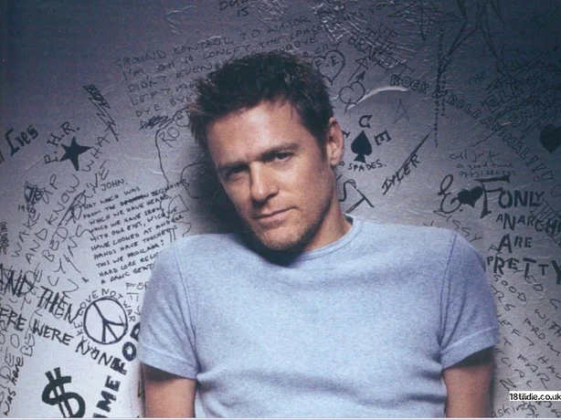 Bryan Adams posing in front of printed pages