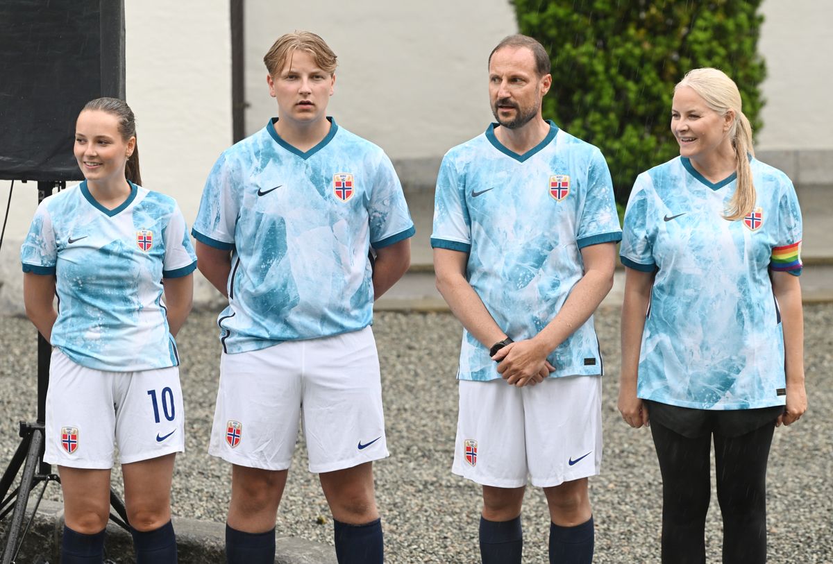 Crown Prince Haakon, Prince Sverre Magnus, Crown Princess Mette-Marit and Princess Ingrid Alexandra attend a Friendship Football Match at Skaugum Stadium in Oslo, Norway