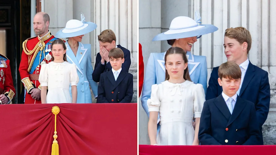 A comp image of the Wales family watching the RAF Flypast at Trooping the Colour 2026, on the right Kate Middleton and Prince George share a smile