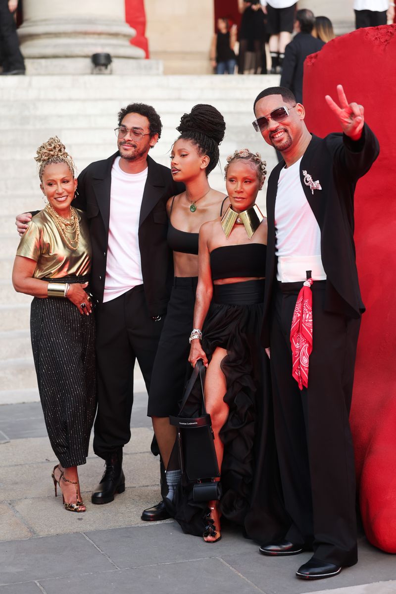 Will Smith, Jada Pinkett Smith, Willow Smith, Trey Smith, and Adrienne Banfield-Norris arrive at Christian Louboutin's Spring/Summer 2027 menswear presentation during Paris Fashion Week to support Jaden Smith.