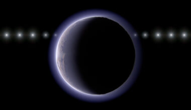 A distant icy world appears as a dark disk with a thin glowing halo of an atmosphere, with a line of repeated bright points showing a distant star at multiple positions.