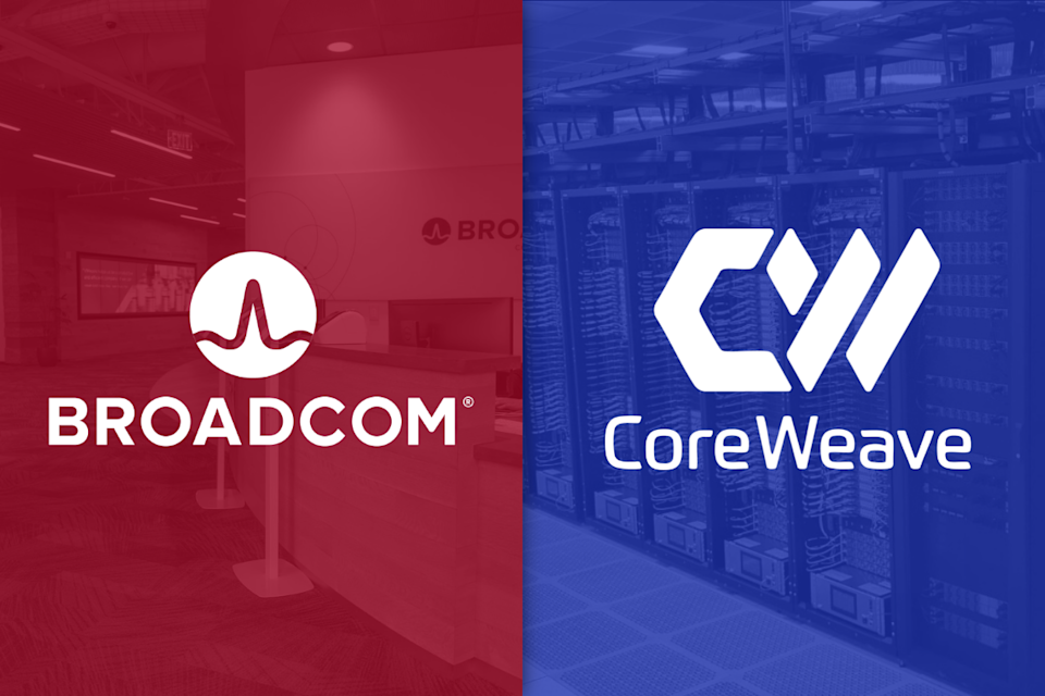 Broadcom and CoreWeave's logos. 