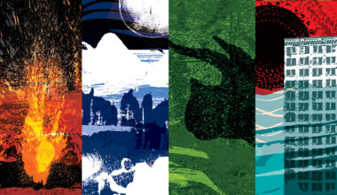 Montage of illustrations showing various times in our planet's history, from its fiery origins, through the dawn of life, dinosaurs and, finally, the present day. The final image shows a skyscraper surrounded by rising waters with a silhouette of a black sun on a red sky, indicating the perhaps unprecedented effects of climate change.