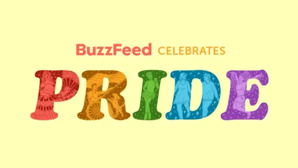BuzzFeed Celebrates Pride. The words are filled with diverse patterns symbolizing inclusivity and diversity