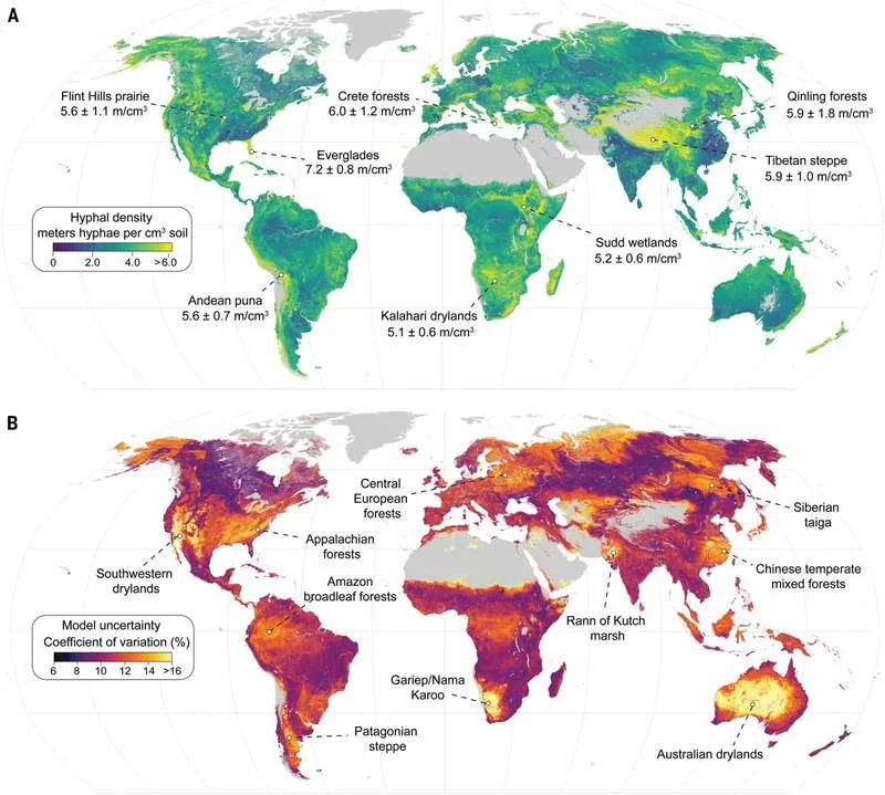 Global predicted density and model uncertainty of AM hyphae. (CREDIT: Science)
