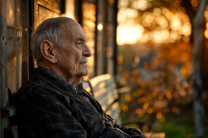 Elderly man sitting outdoors at sunset, contemplating unexplained occurrences involving patients.