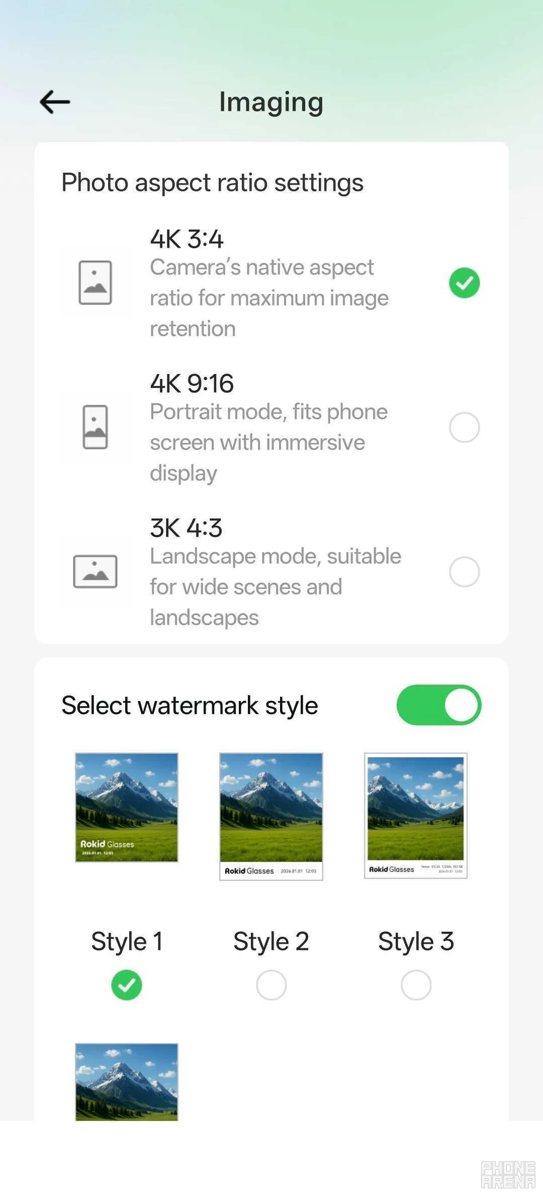 The image settings for the Rokid Glasses. | Image by PhoneArena - Rokid Glasses review: AI glasses with a screen