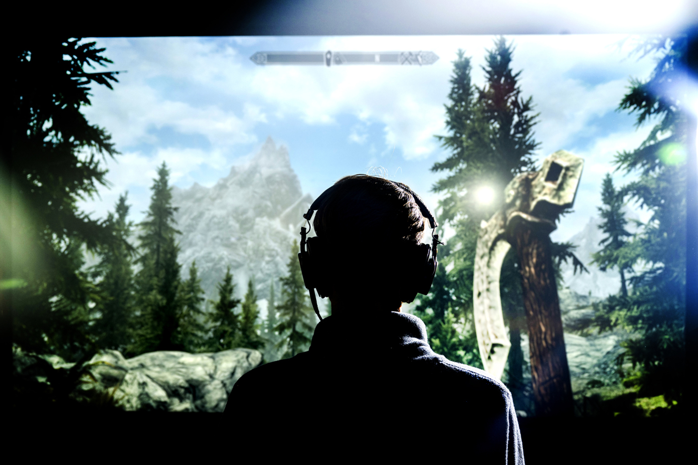 A person silhouetted against a large screen as they play a fantasy video game.
