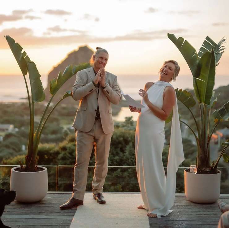Jenene Crossan and Scottie Chapman are selling their luxury seven-bedroom beach escape at 27 Glenesk Road, above Piha’s Lion Rock, on Auckland's west coast. Photo / Supplied