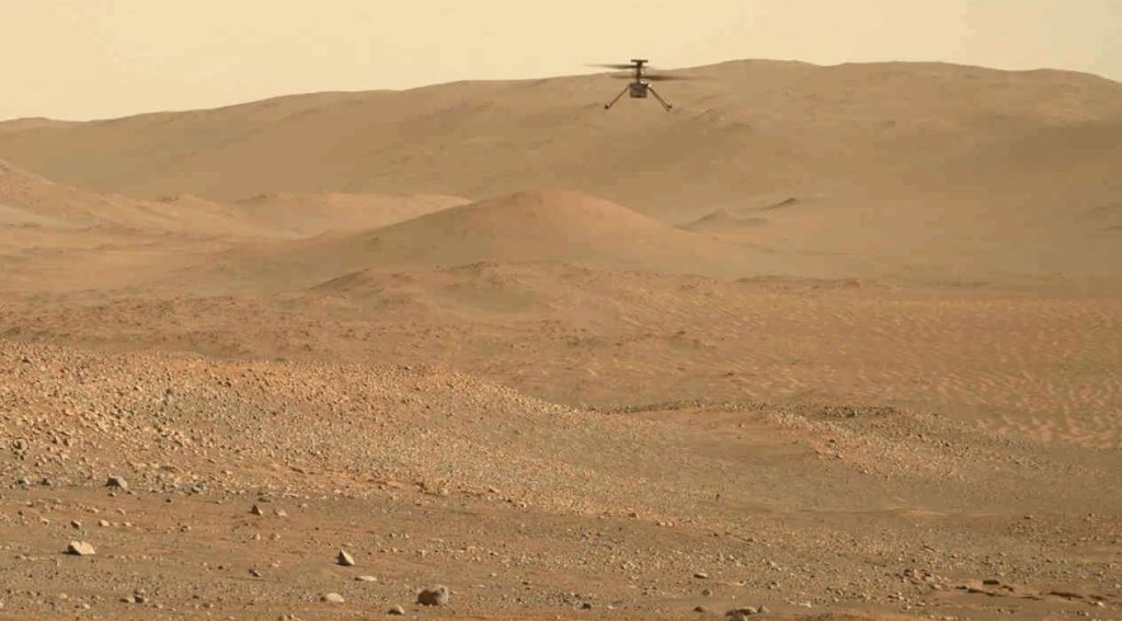 NASA’s Perseverance Mars rover captured this video of the Ingenuity Mars Helicopter’s 54th flight on Aug. 3, 2023.