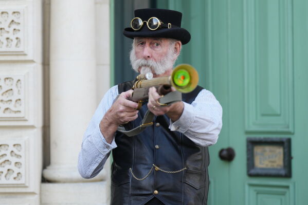 Steampunk NZ Festival attendee Darrell Jeffries stands for a photo during the annual event in Ōamaru, New Zealand, Friday, May 29, 2026. (AP Photo/Charlotte Graham-McLay)