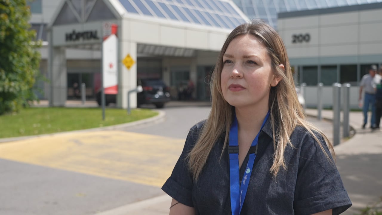 Photo of Karissa Clayberg of the CISSS de la Montérégie-Ouest, standing in front of Anna Laberge Hospital in Chateauguay