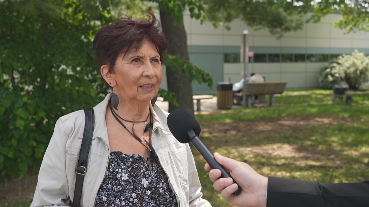 Martha McComber is being interviewed outside Anna-Laberge hospital.