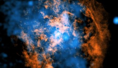 A composite image showing evidence for a wind blowing away from Sagittarius A* the supermassive black hole at the centre of our galaxy. The white dot in the centre is the black hole. Orange shows data from the Atacama Large Millimeter/Submillimeter Array, while blue is Chandra X-ray data. A cone-shaped cavity is visible as an absence of cold gas in the ALMA data, filled by hot X-ray-emitting gas in the Chandra data. X-ray: NASA/CXC/Northwestern Univ./M. Gorski; Radio: ESO/NAOJ/NRAO/ALMA; Image processing: NASA/CXC/SAO/K. Arcand and P. Edmonds