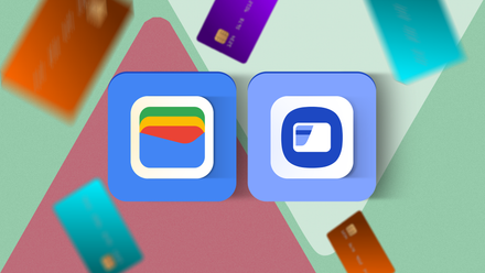 A surface with the Google Wallet logo next to the Samsung Wallet logo, surrounded by several credit cards.