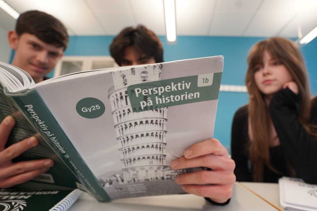 High school students from left, Vasilije Stjepanovic, Aslan Ozhan Kilicasan and Melina Sallahi pose with a history text book at Malmo Borgarskola high school in Malmo, Sweden, May 21, 2026.