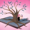 In this illustration, a large tree grows out of a cracked digital tablet screen. A student sits under the tree reading a book.