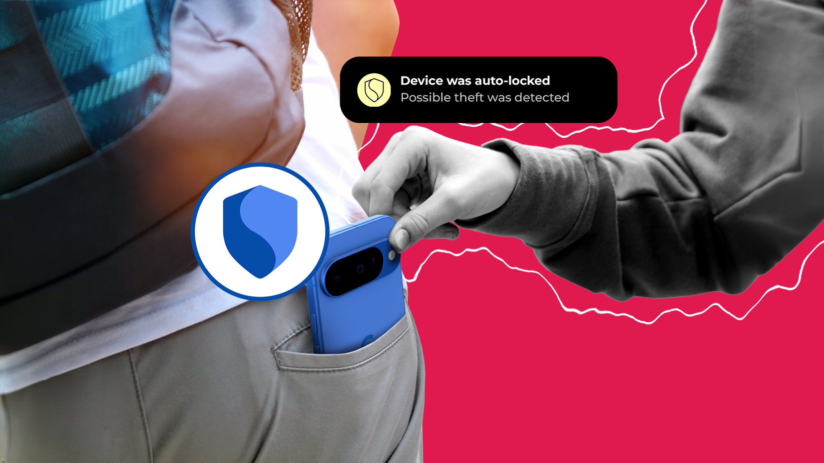 Thief stealing a smartphone from someone’s pocket with Android theft protection alerts.