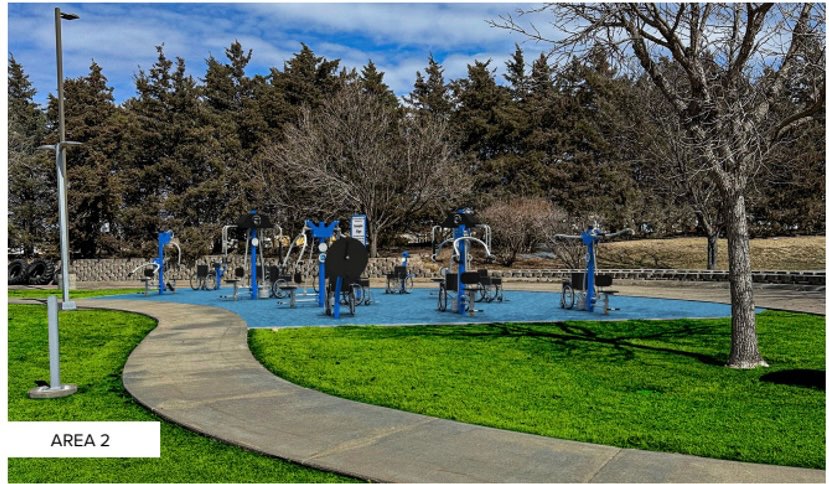 Area 2 emphasizes accessibility with ADA-compliant exercise stations built on specialized surfaces designed for wheelchairs and mobility devices. The equipment allows individuals using wheelchairs to exercise alongside able-bodied participants. Photo courtesy of the Center for Health Improvement<br>
