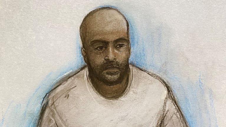 This is a court artist drawing by Elizabeth Cook of Sudanese national Hadi Alodid, 30 appearing via videolink at Belfast Magistrates Court, Belfast, Wednesday, June 10, 2026, after a stabbing attack.