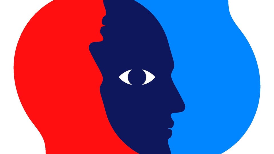 Concept illustration of two overlapping man heads, looking through each other, with one shared eye.