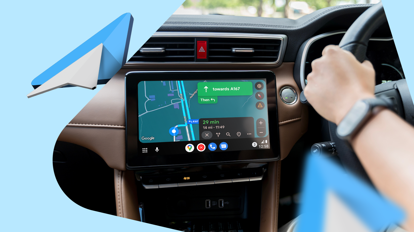 Driver using Android Auto navigation on a car dashboard