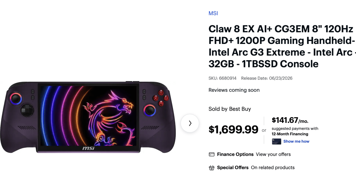MSI’s new Claw gaming handheld starts at $1,699.
