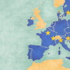 USA, EU and Greenland on the map of North Atlantic Ocean in soft grunge and vintage style, like old paper with watercolor painting.