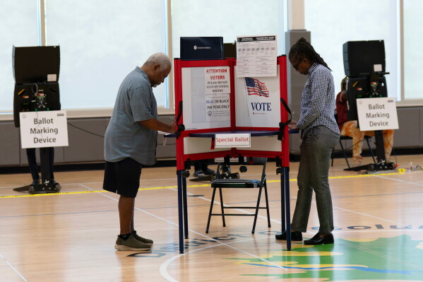People cast their vote during the D.C. primary election at Shepard Park Elementary, Tuesday, June 16, 2026, in Washington. (AP Photo/Jose Luis Magana)