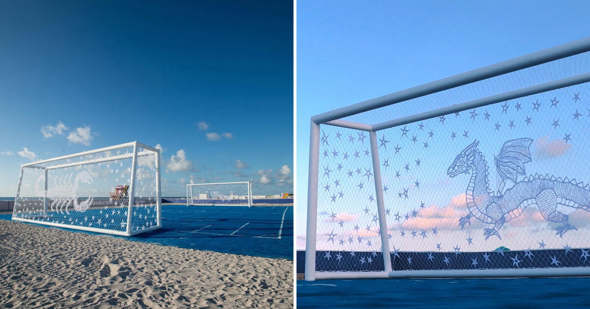 soccer nets become crocheted drawings on miami beach