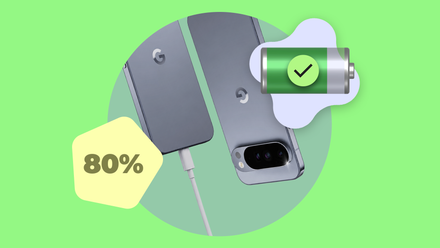 Two Google Pixel phones with an 80% charging limit indicator and a healthy battery icon on a green background.