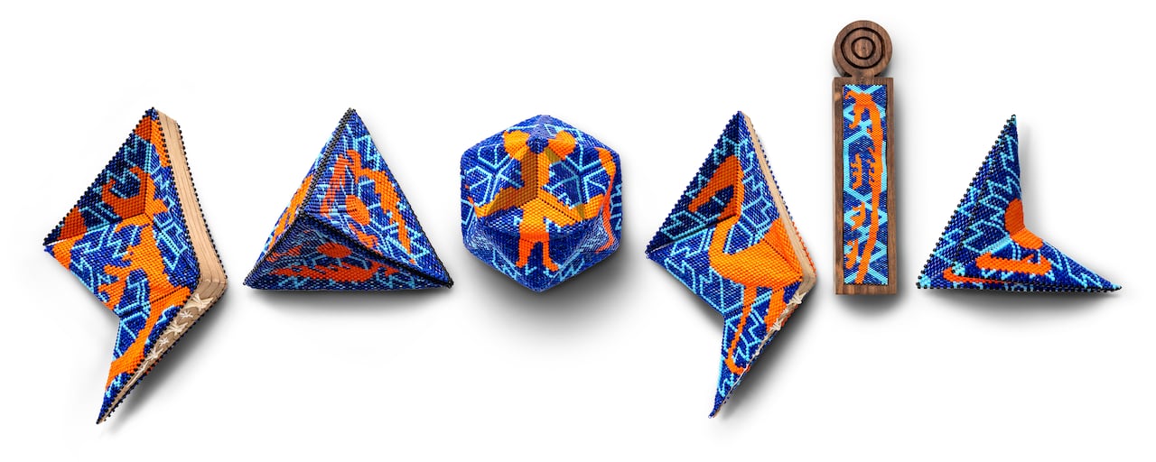 The word GOOGLE rendered in blue and orange beadwork