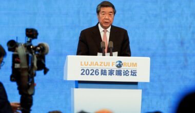 Chinese Vice Premier He Lifeng speaks at the Lujiazui Forum 2026 in Shanghai,  June 17. Reuters-Yonhap