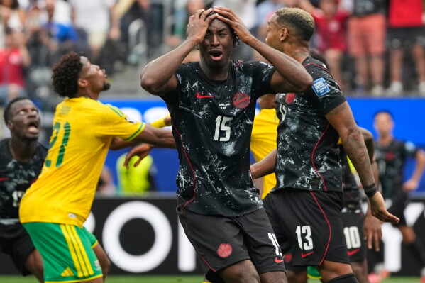 Canada's Moise Bombito reacts during the World Cup round of 32 soccer match against South Africa in Inglewood, Calif., near Los Angeles, Sunday, June 28, 2026. (AP Photo/Andre Penner)