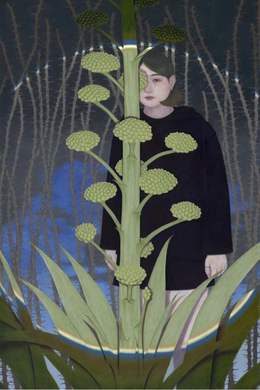 painting of a figure wearing a black shirt behind a talk green plant stalk