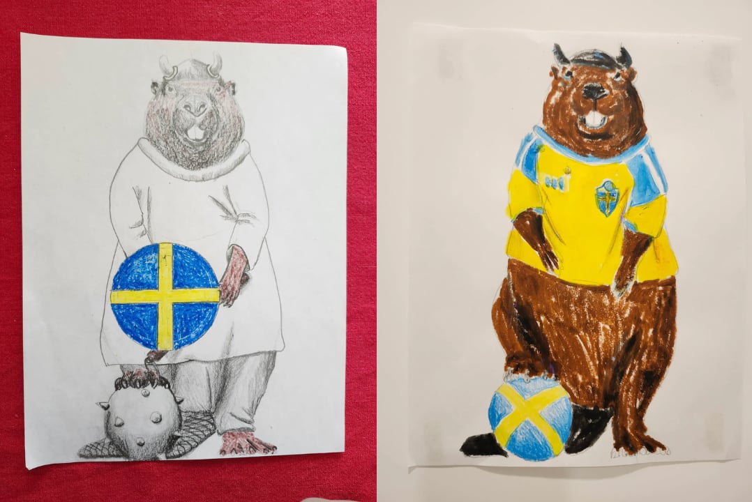Sketches of a beaver in Sweden gear.