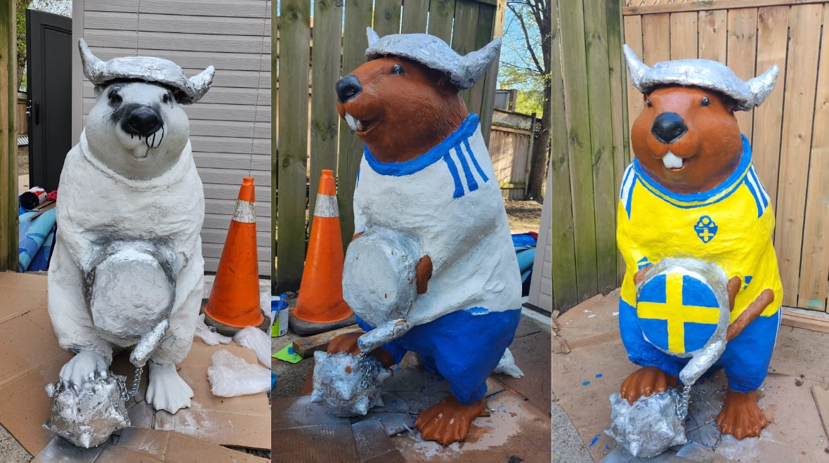 Three images of the same beaver sculpture through different stages of the decorating process.