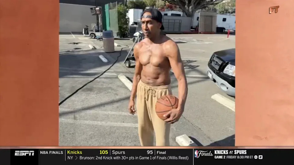 A current shirtless picture of Stephen A. Smith that he shared on “First Take” Thursday. X @awfulannouncing