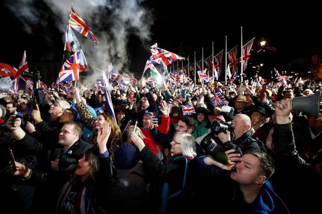 People celebrate as Britain leaves the EU on 