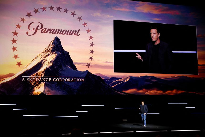 David Ellison, CEO of Paramount Skydance, speaks during the Paramount Pictures presentation at CinemaCon in Las Vegas, Nevada, on April 16, 2026.